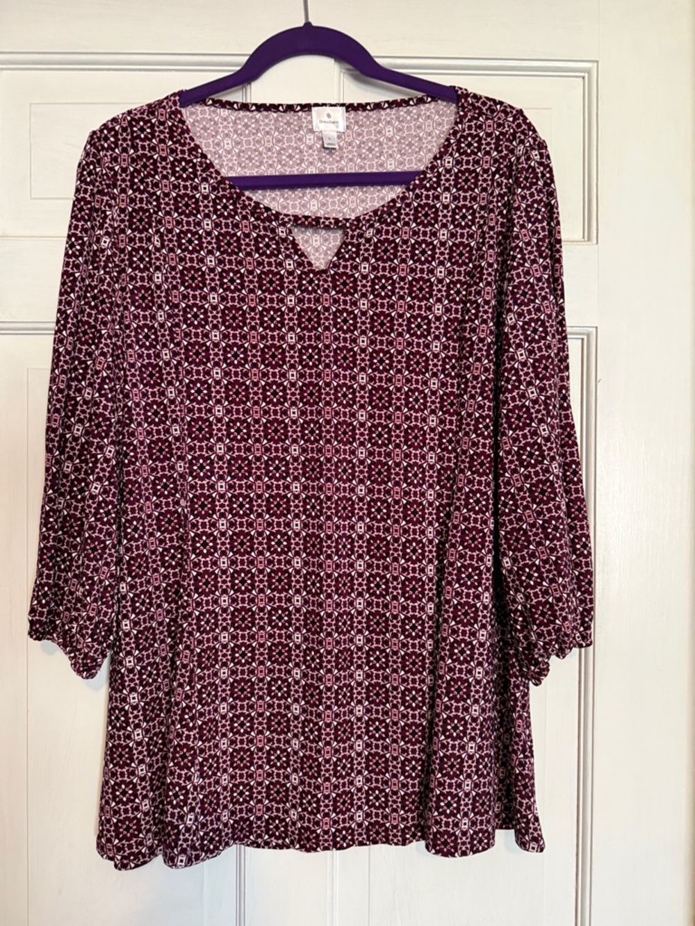 dressbarn Burgundy Geometric Print Long Sleeve Top